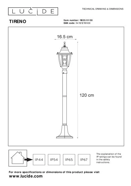 Lucide TIRENO - Lanterne / lampadaire exterieur - 1xE27 - IP44 - Noir - TECHNISCH